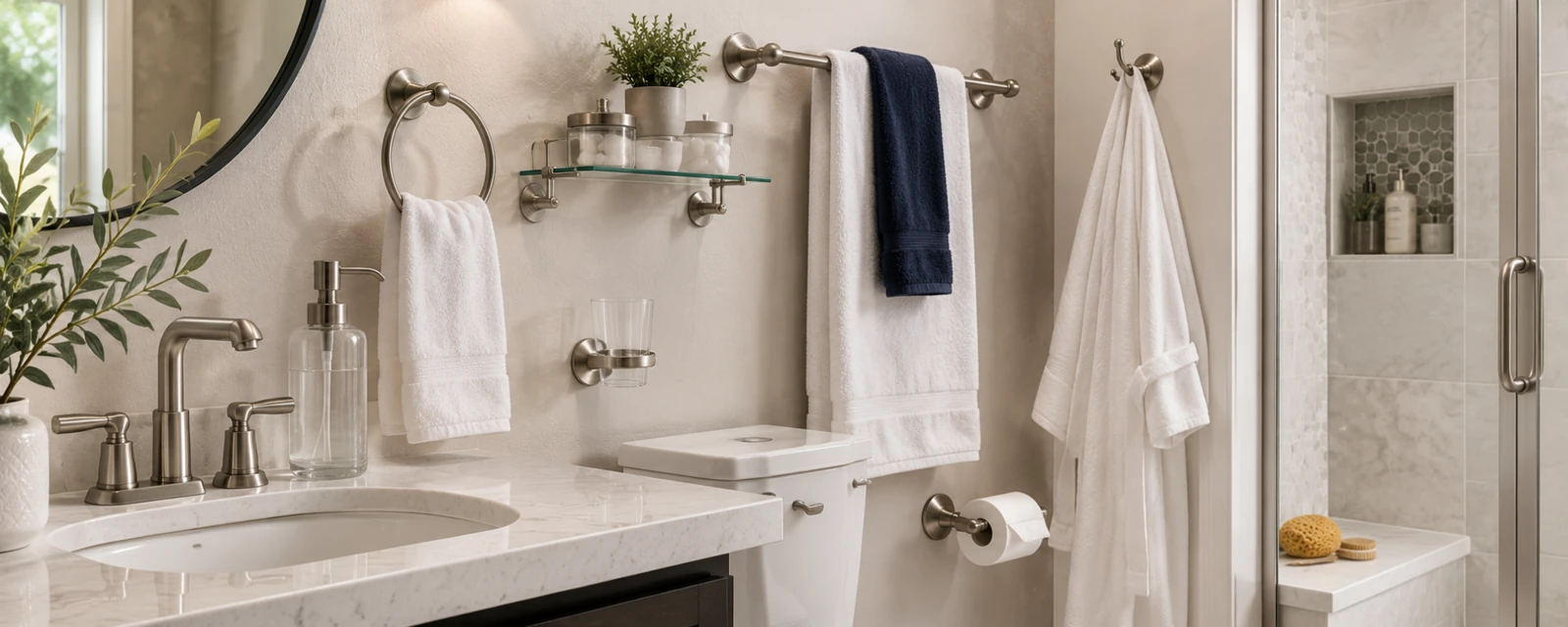 Bathroom sink with wall-mounted towel bars and accessories