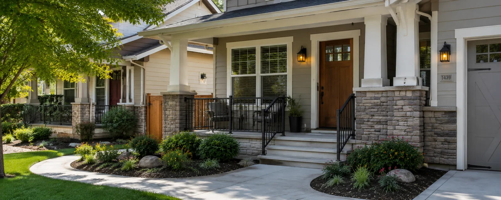 Home exterior with a shaded porch and front walkway