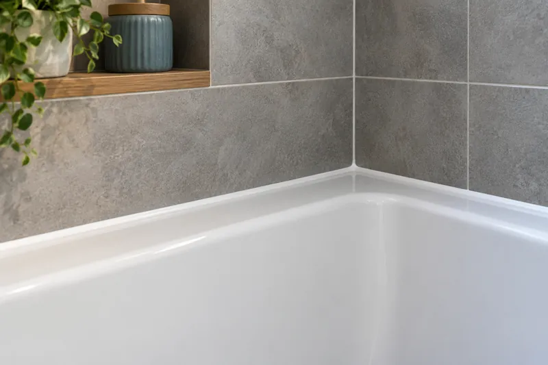 Smooth white sealant joint where a bathtub meets a tiled wall