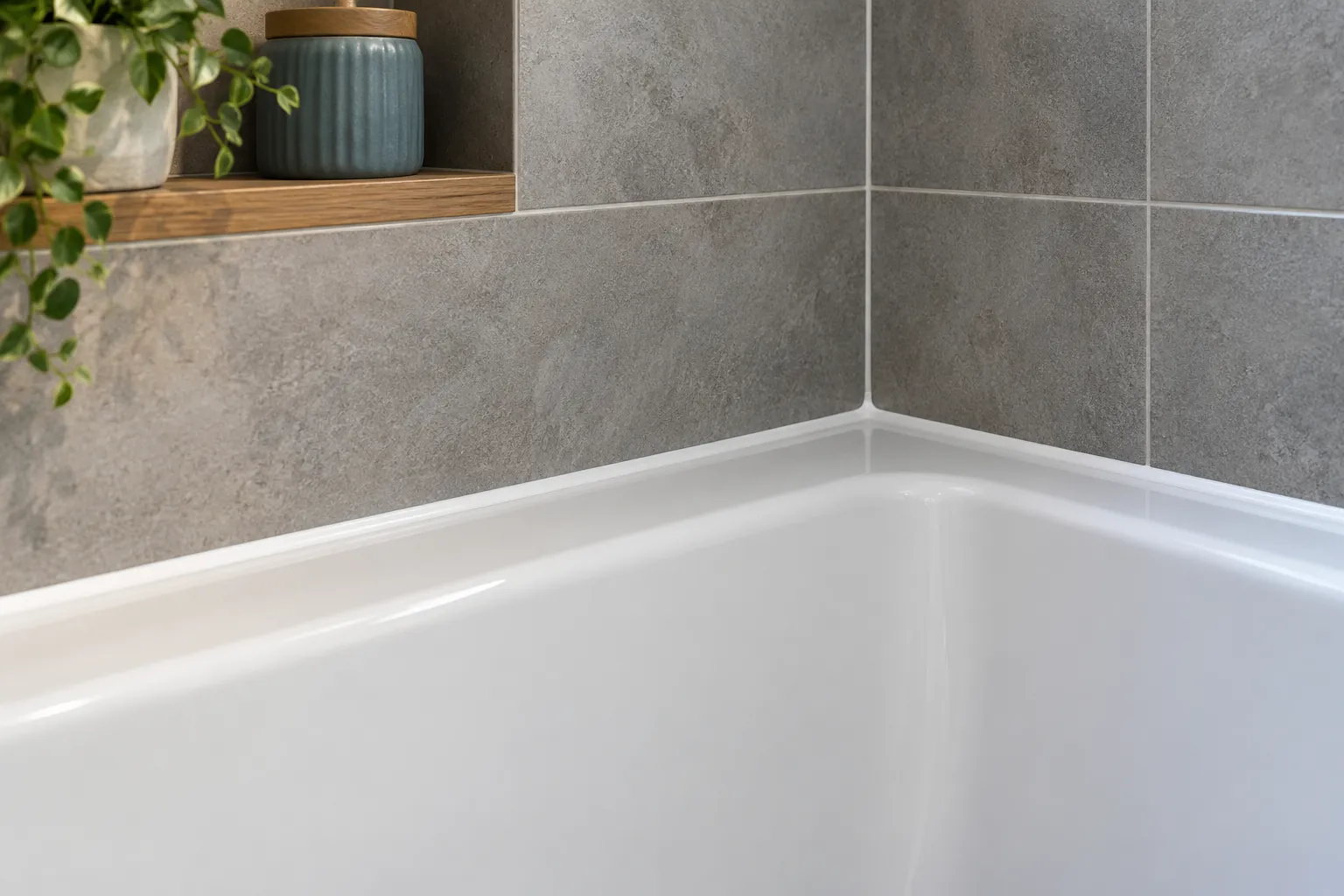 Smooth white sealant joint where a bathtub meets a tiled wall