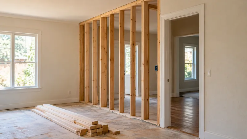 Exposed timber wall framing beside a finished doorway