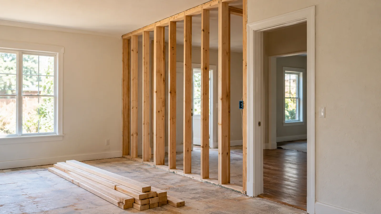 Exposed timber wall framing beside a finished doorway