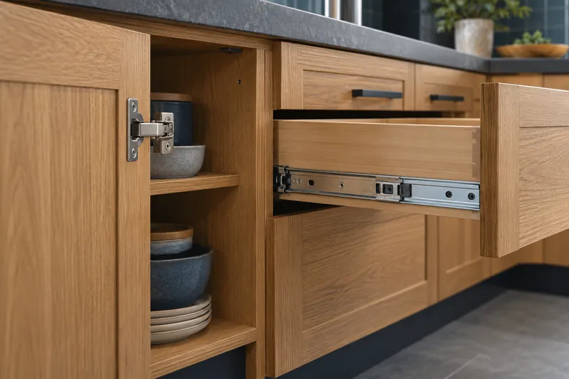 Oak kitchen cabinetry with an open door and drawer