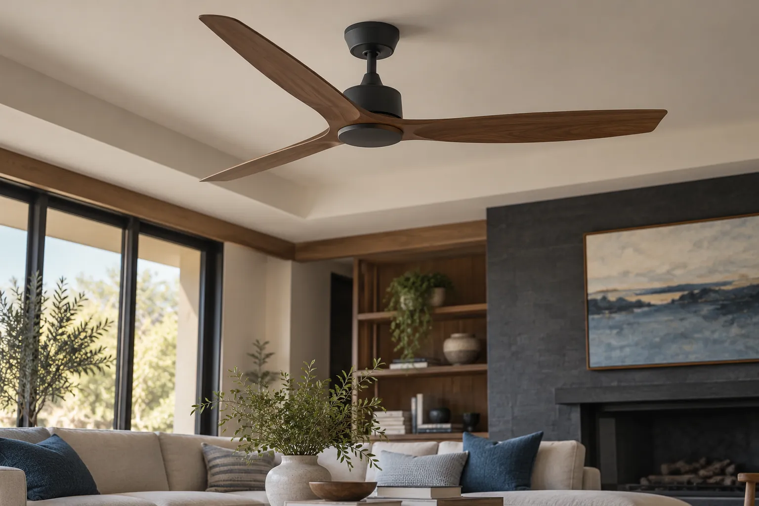 Stationary three-blade ceiling fan in a neutral living room