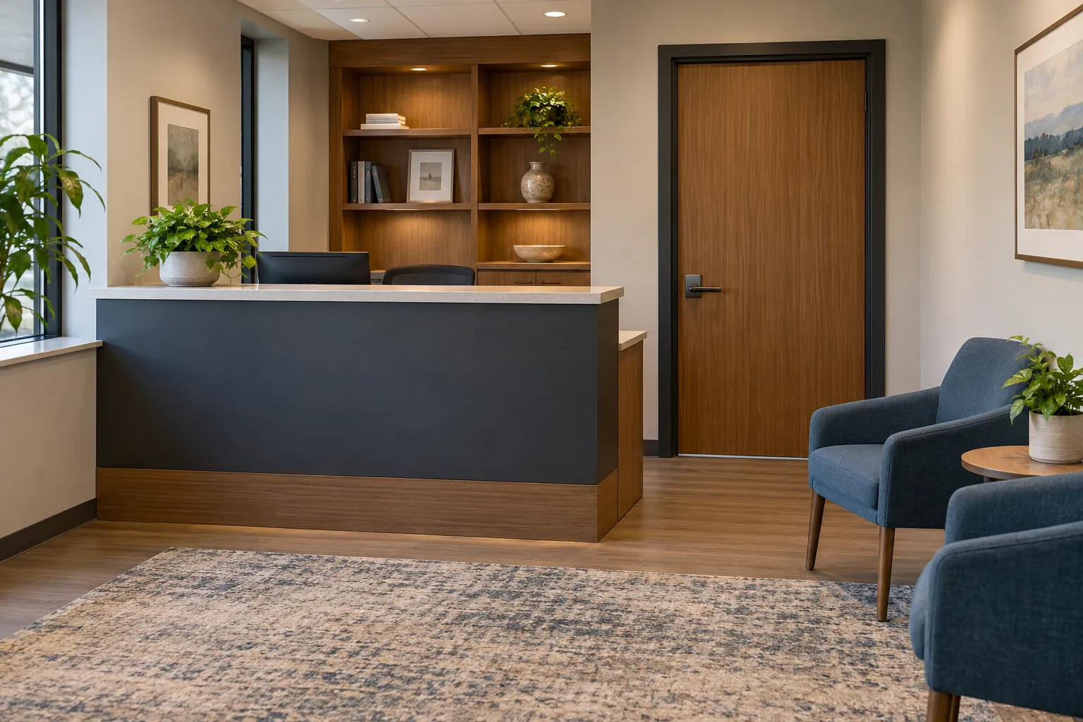 Small office reception with shelving, a desk and muted blue chairs