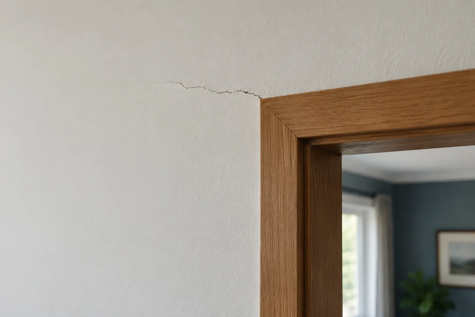 Small crack above an interior doorway in a painted wall
