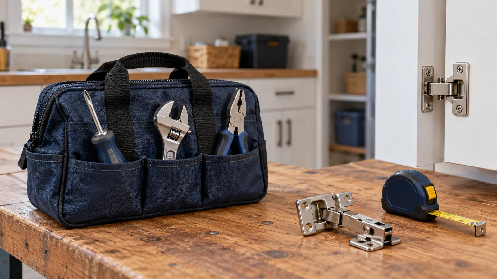 Clean hand tools and cabinet hinges on a workbench