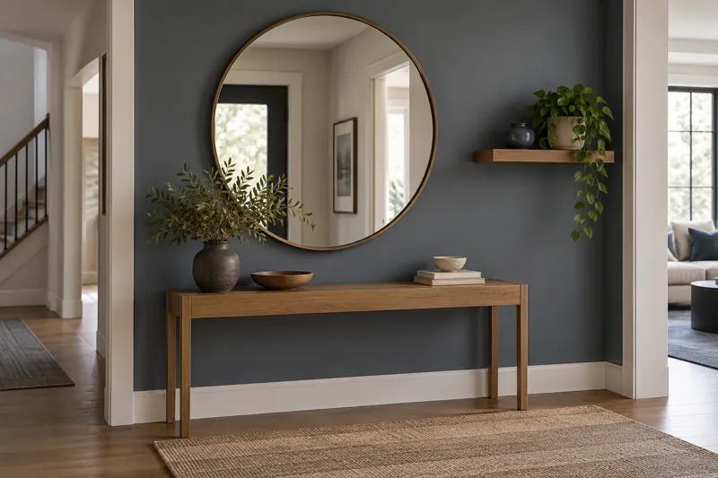Large round mirror above an oak console with a nearby wall shelf