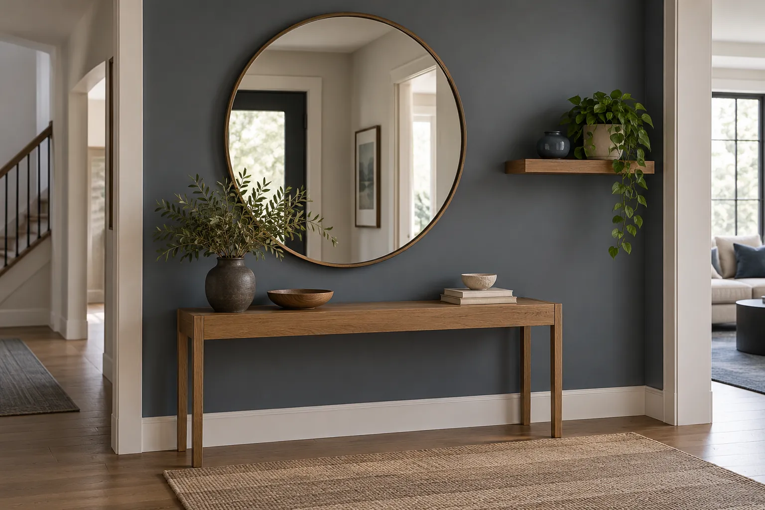 Large round mirror above an oak console with a nearby wall shelf