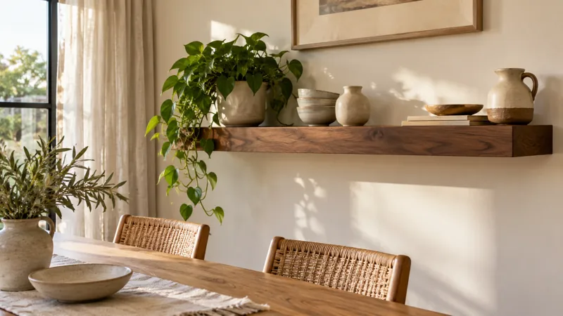 Walnut floating shelf and dining area with linen curtains