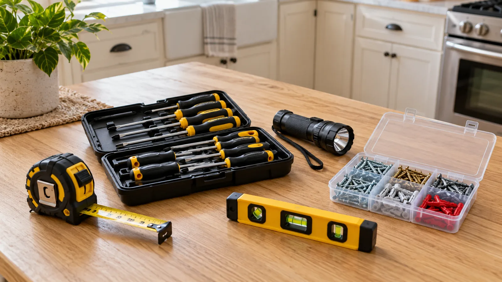 Organized home repair tools and fasteners on a kitchen table