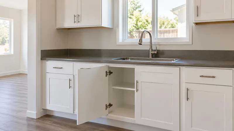 Empty rental kitchen with an open cabinet showing its hinges