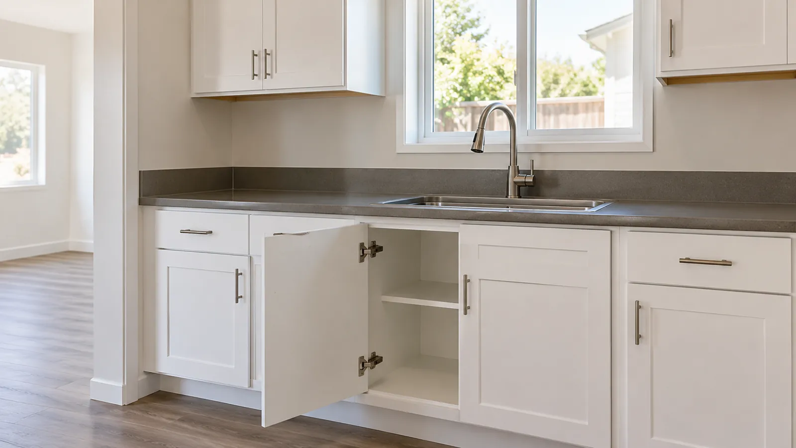 Empty rental kitchen with an open cabinet showing its hinges