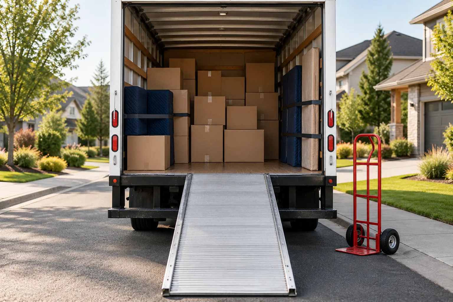 Unbranded white moving truck with boxes, a supported ramp and a hand truck