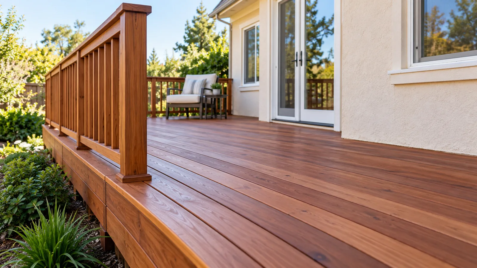 Redwood deck boards and sturdy railing beside a house