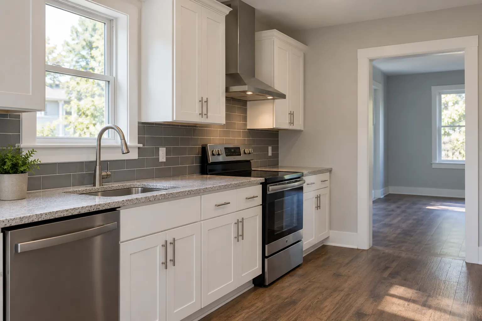 Empty rental kitchen with white cabinets and a stainless sink