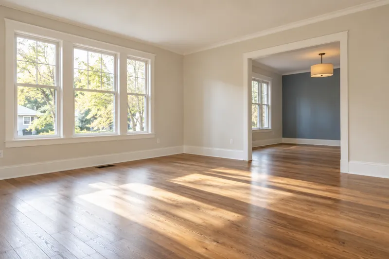 Empty living room with smooth painted walls and neatly finished baseboards