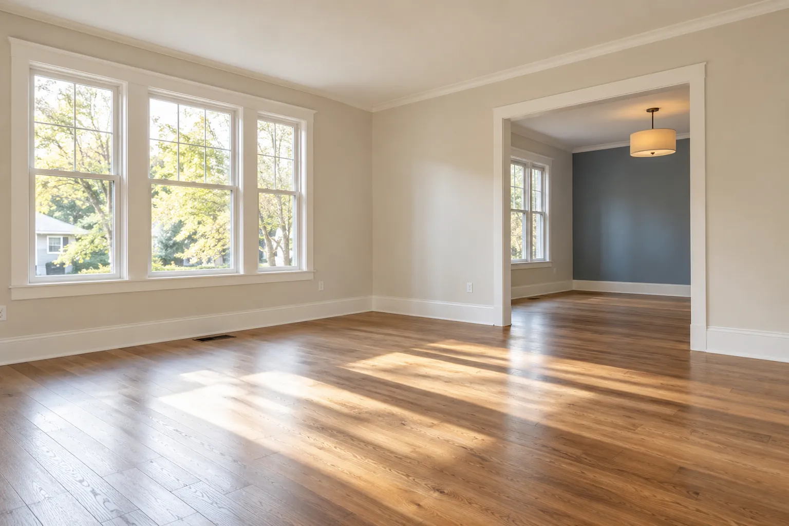 Empty living room with smooth painted walls and neatly finished baseboards