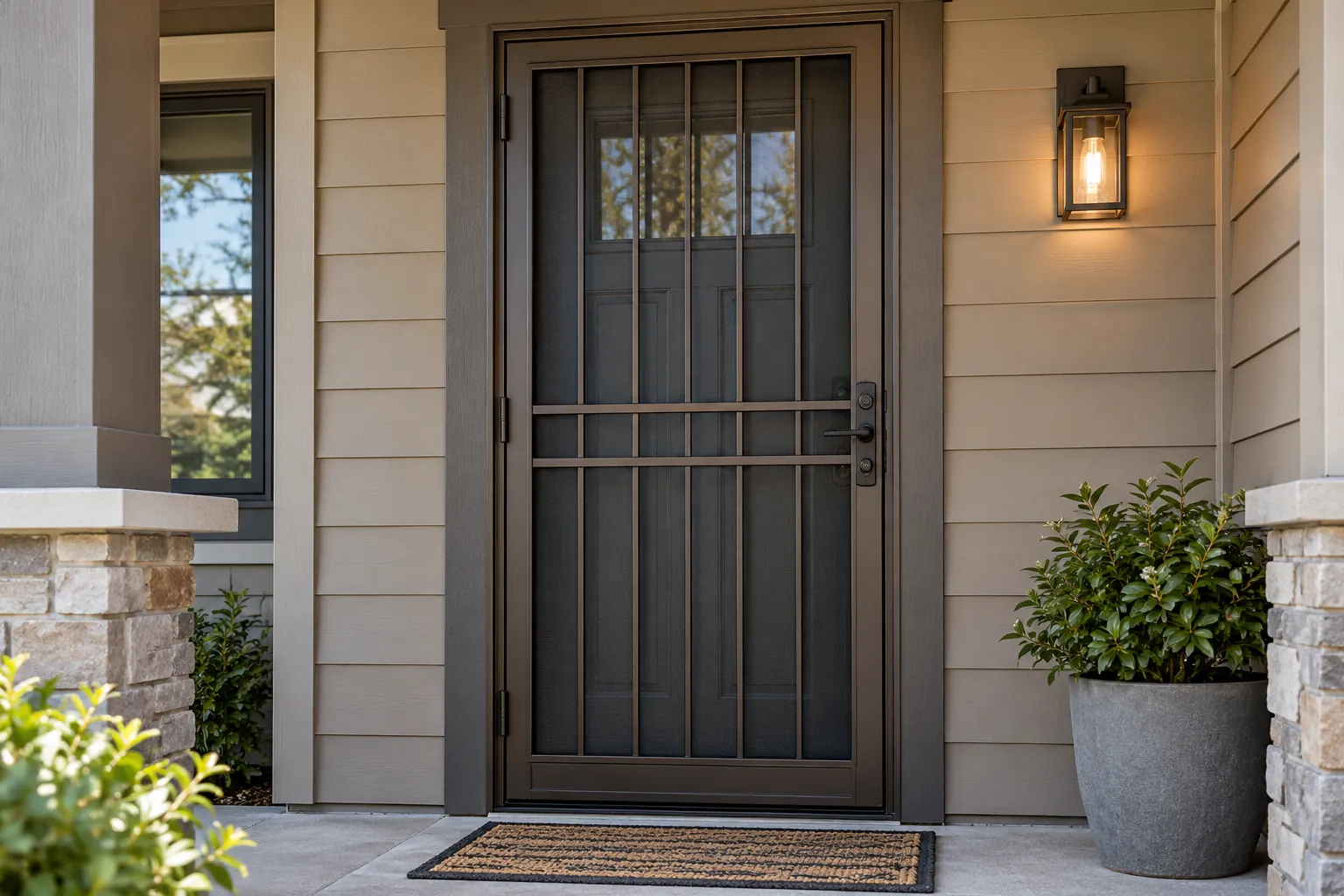 Dark bronze security door at a residential entrance