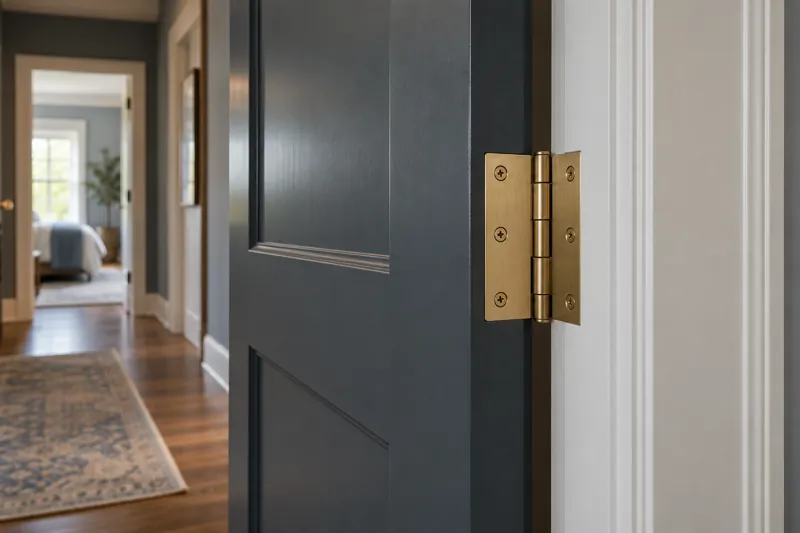 Partly open interior door with painted casing and brass hardware