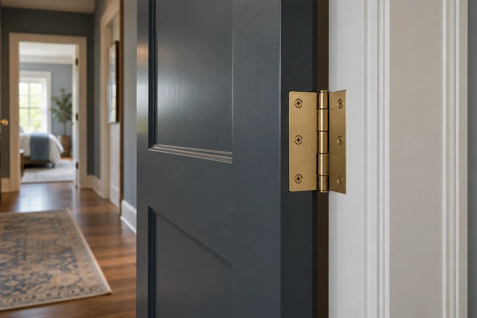 Partly open interior door with painted casing and brass hardware