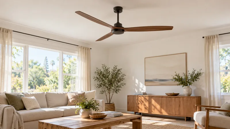 Ceiling fan above a bright living room