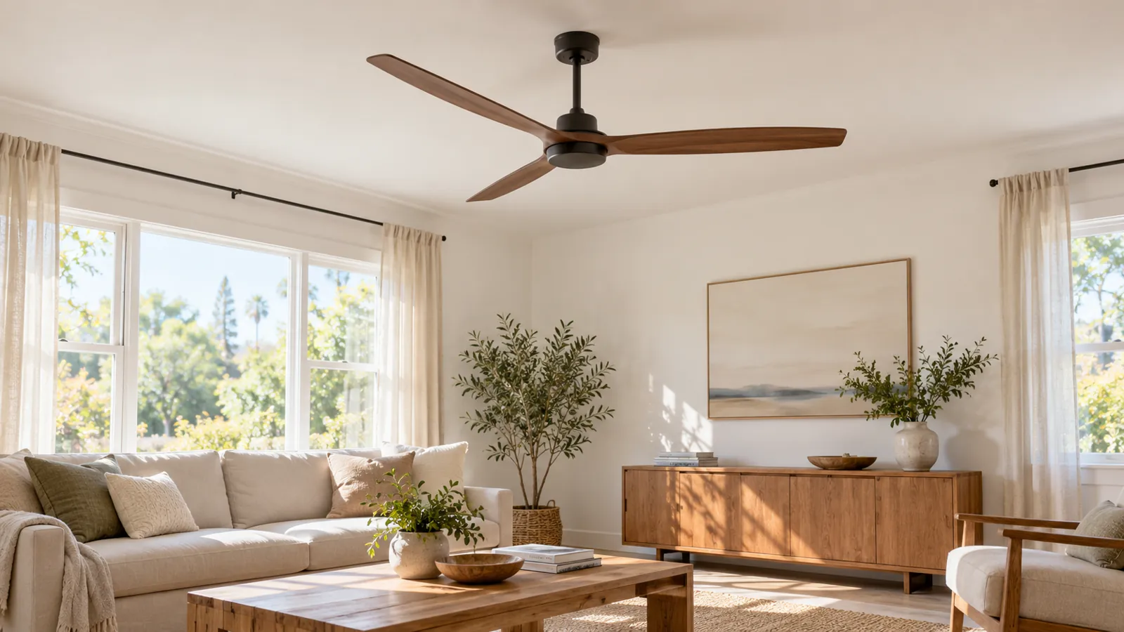 Ceiling fan above a bright living room