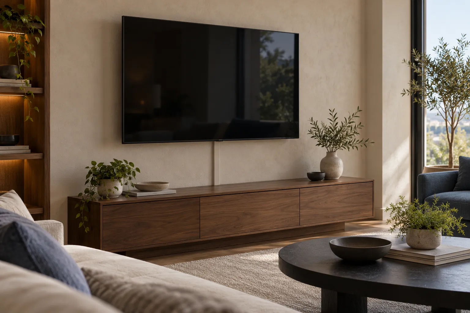 Wall-mounted television above a walnut cabinet with a discreet surface cable cover
