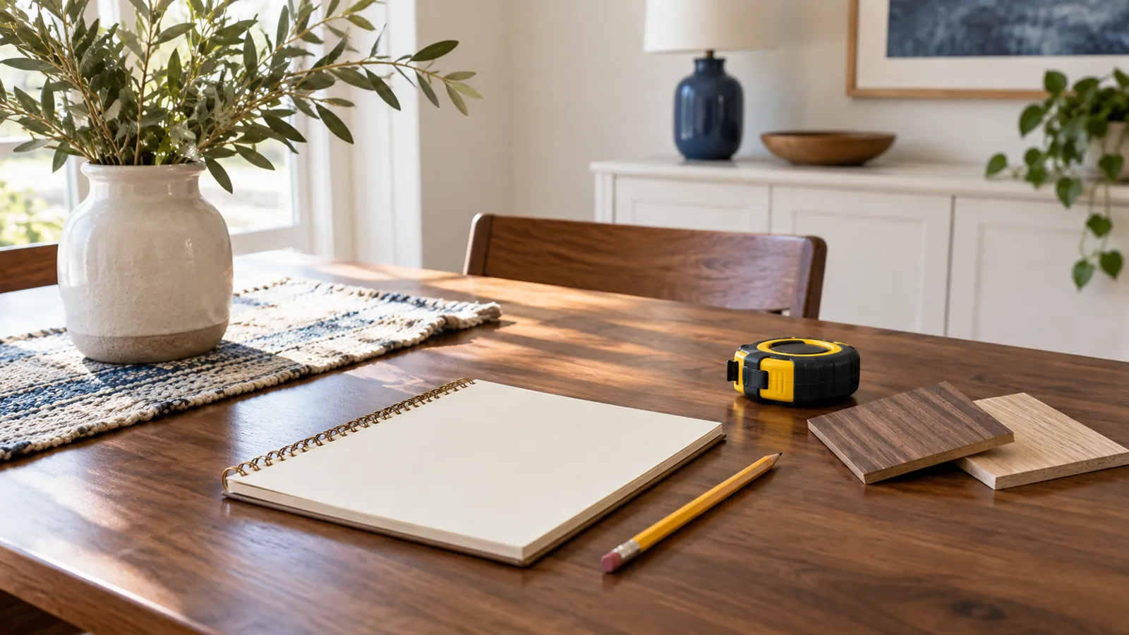 Blank notebook, tape measure and wood samples for planning a repair
