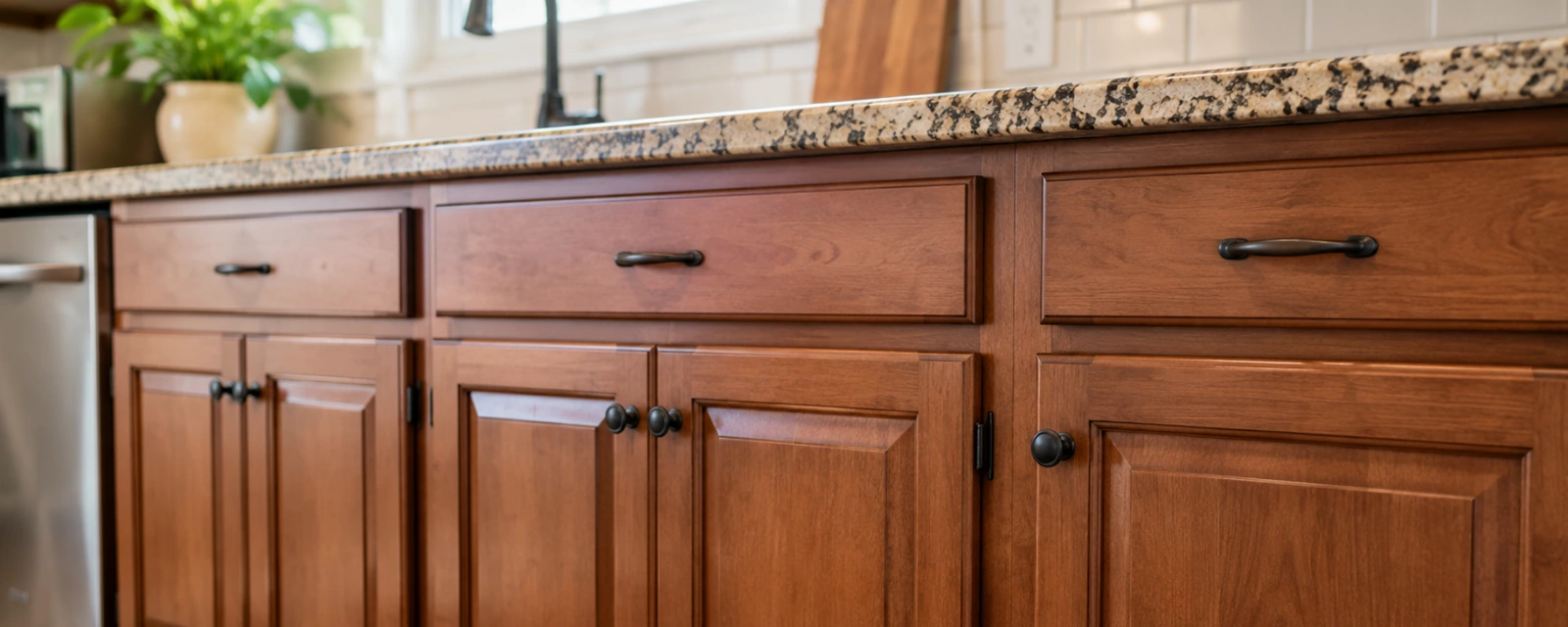 Wood kitchen cabinets with detailed door panels and drawers