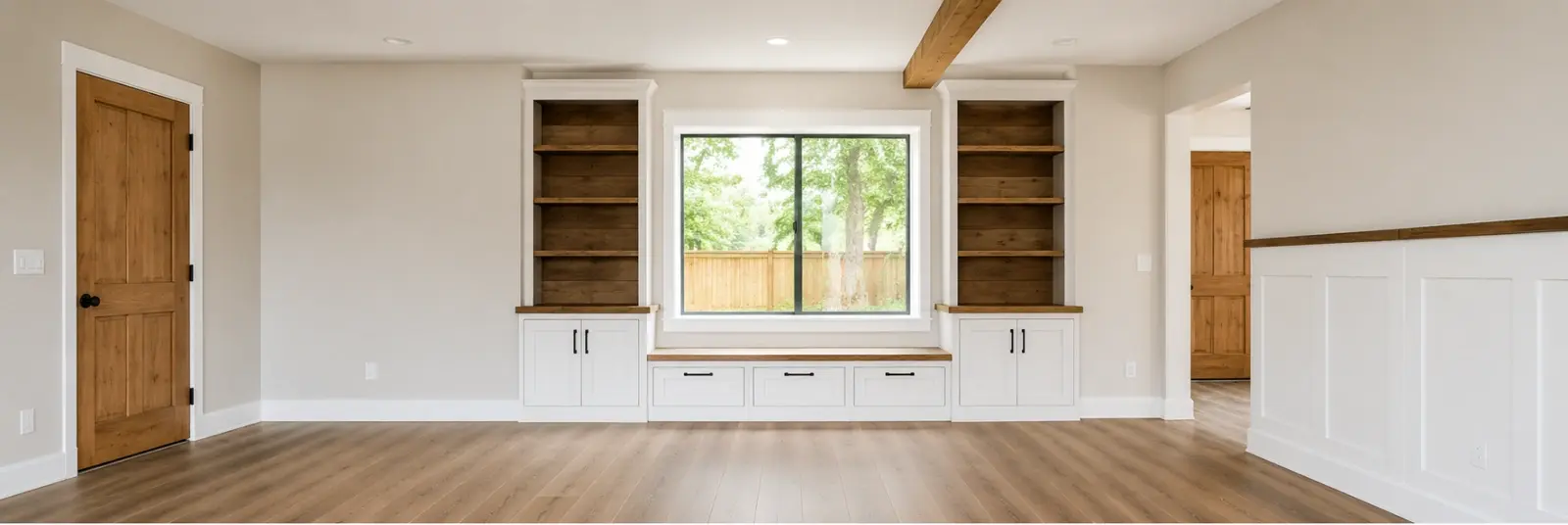 Finished room with custom wood trim and built-in cabinetry