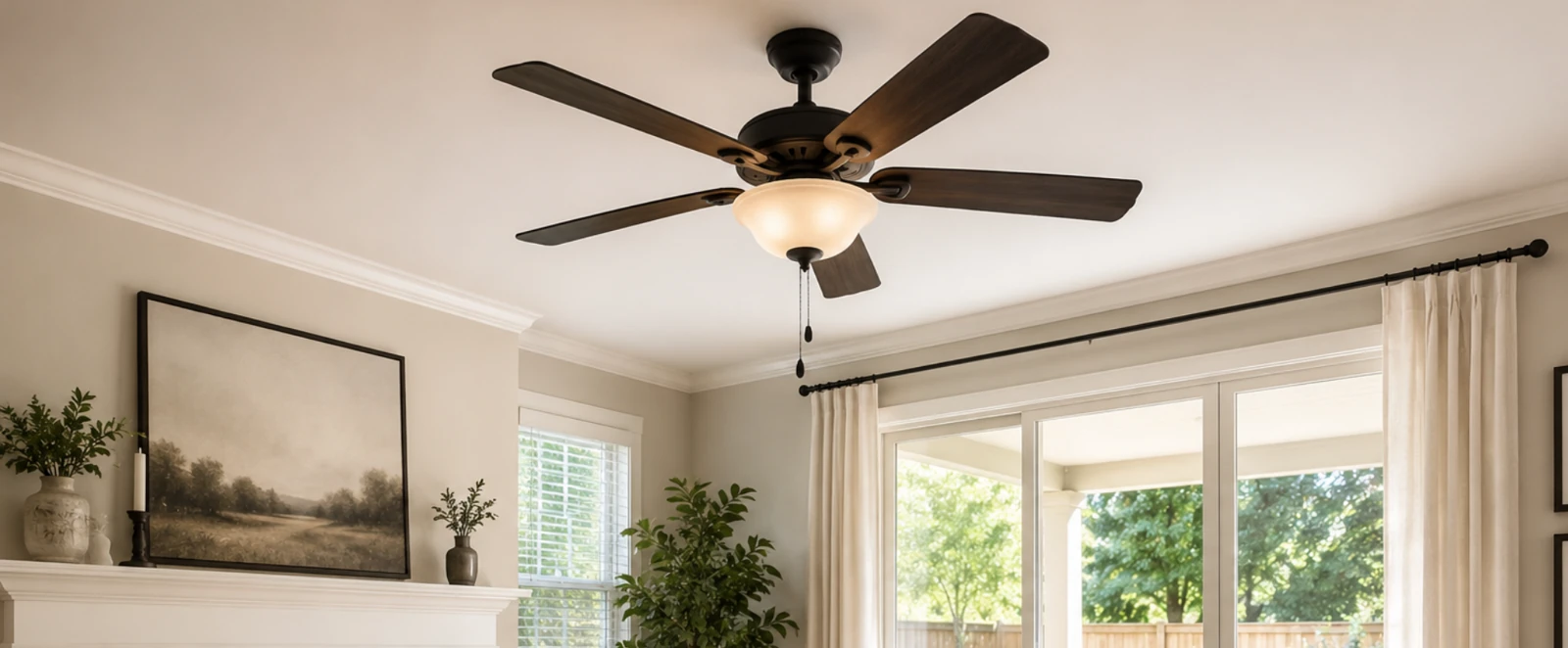 Ceiling fan installed in a bright room