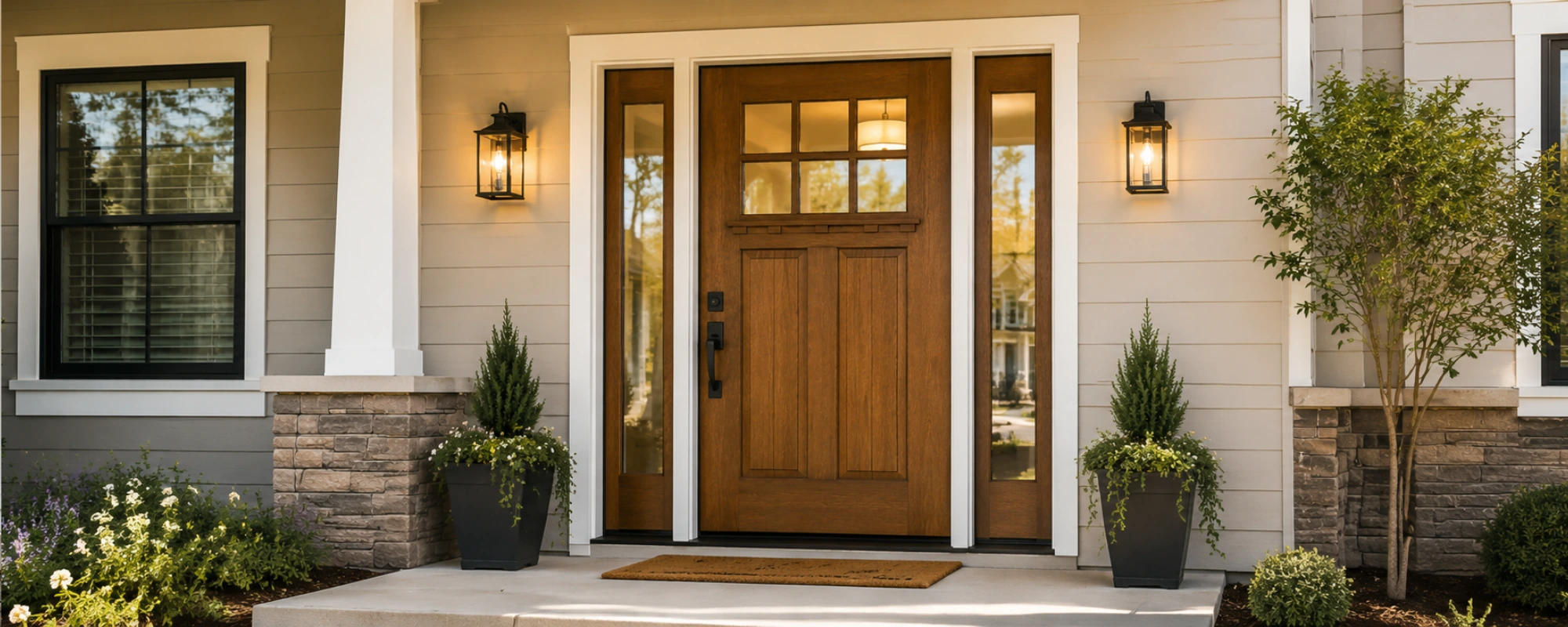 Wood entry door at a home entrance