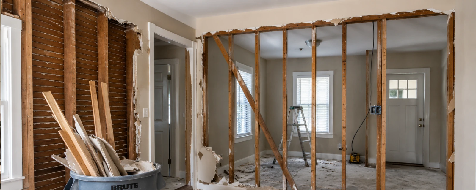 Interior room opened to wall framing