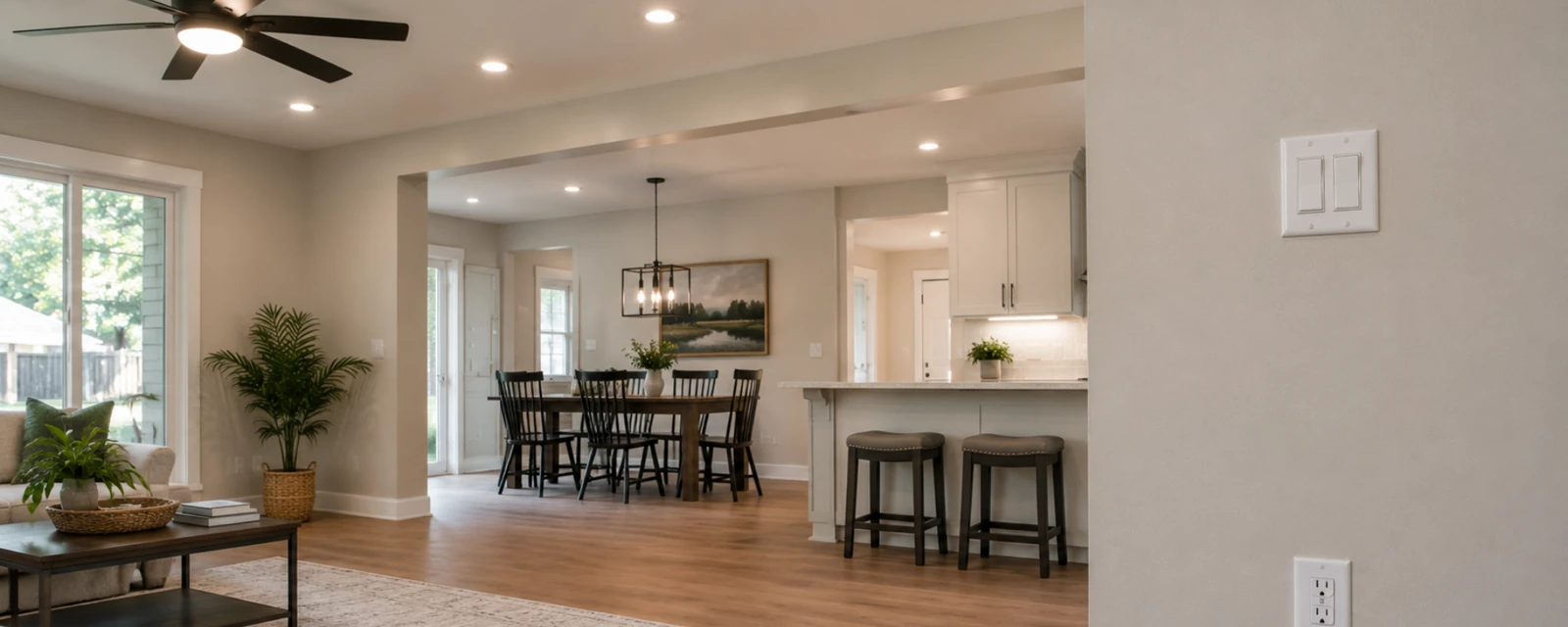 Interior ceiling fan, light fixture and wall switch