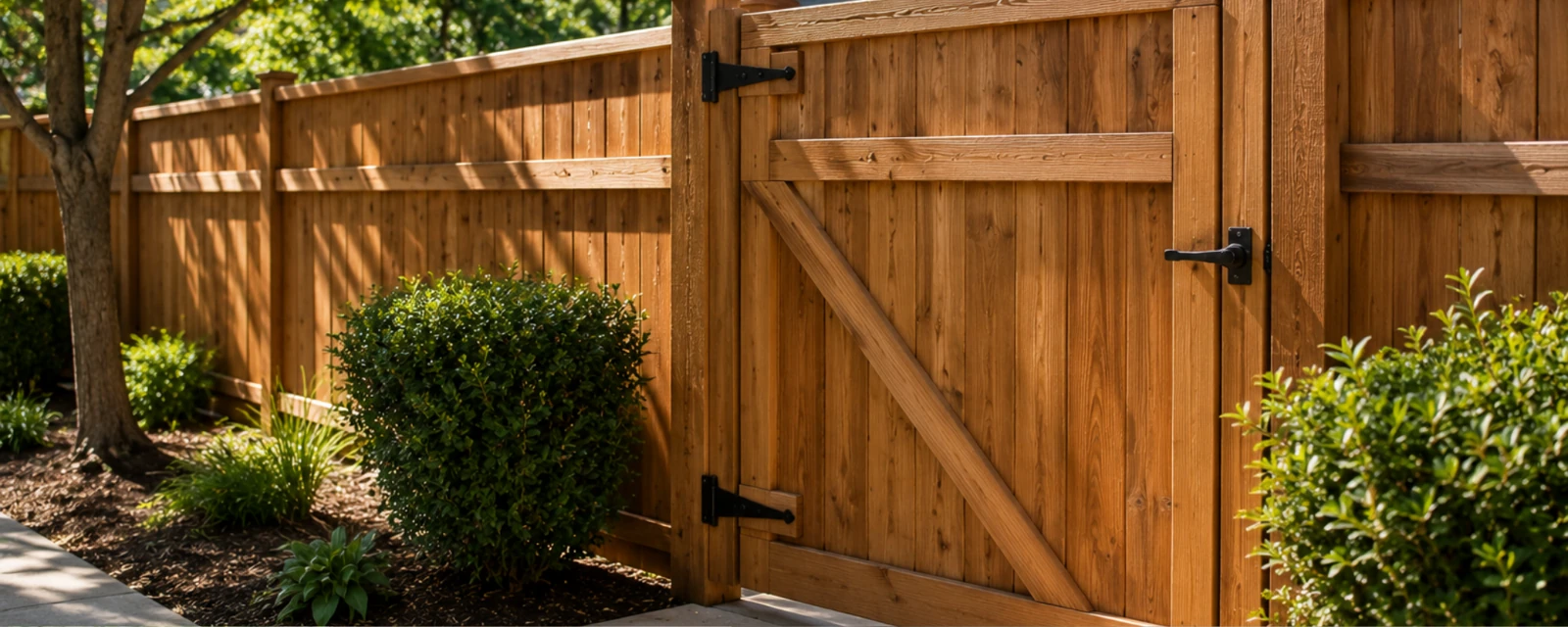 Wood fence and gate beside a home