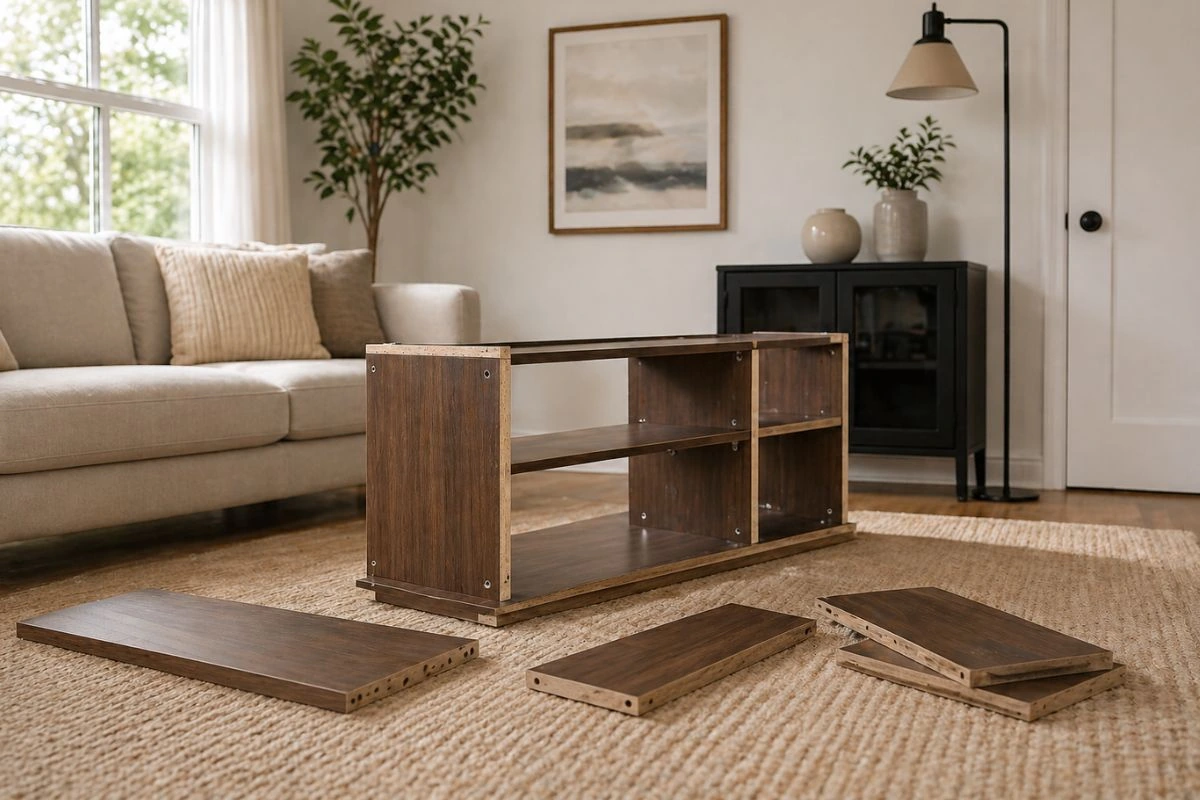 Flat-pack shelving ready for furniture assembly in a living room