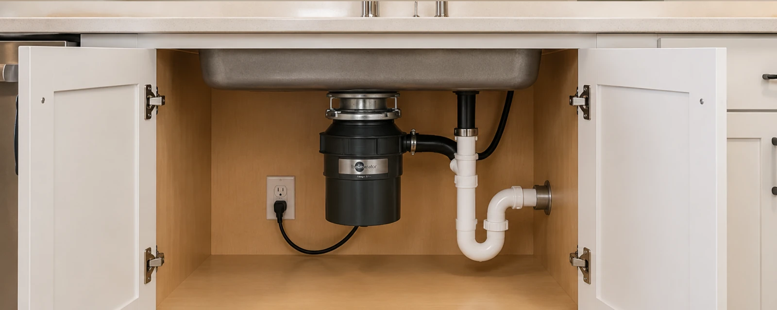 Garbage disposal and plumbing beneath a kitchen sink