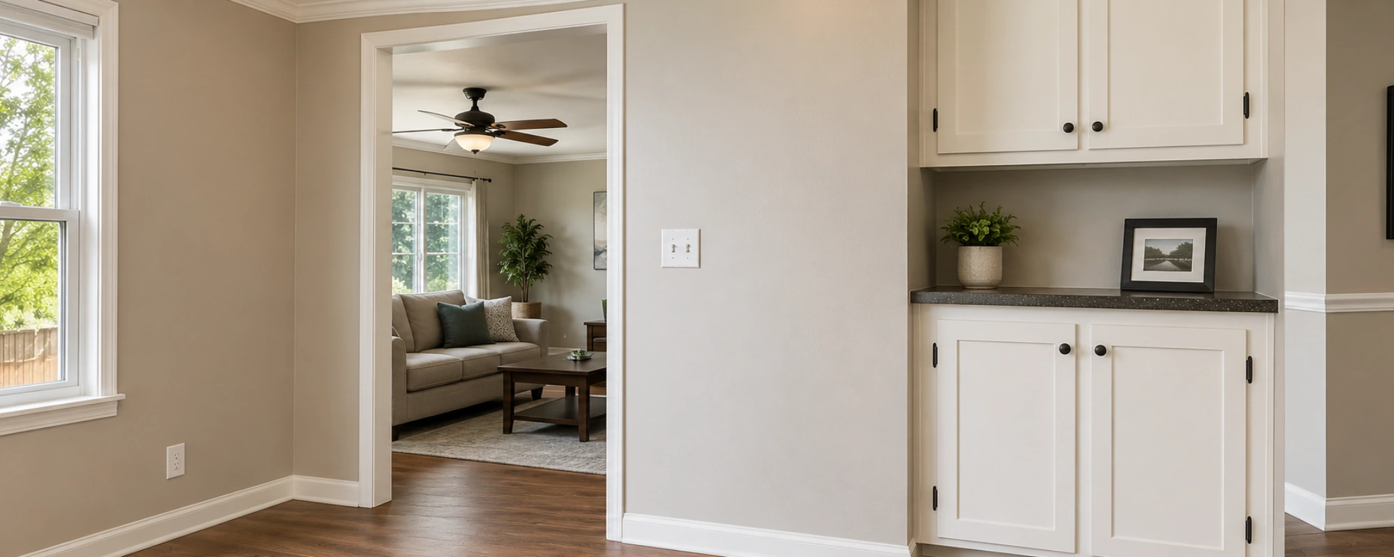 Finished home interior with detailed trim, cabinetry and a bright living area