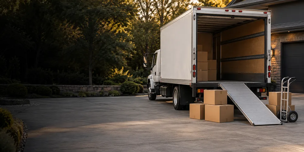 Moving truck, boxes and a hand truck ready for loading
