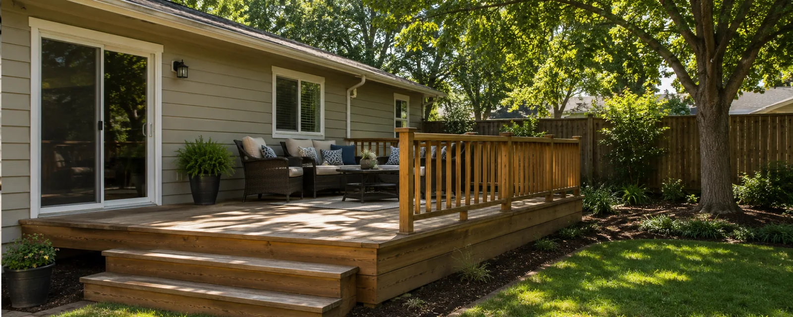 Wood deck with steps, railing and an outdoor sitting area