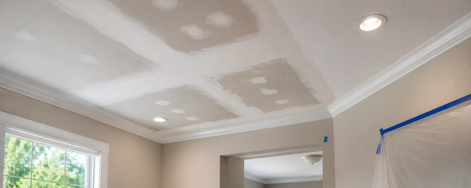 Drywall joint compound across a room ceiling