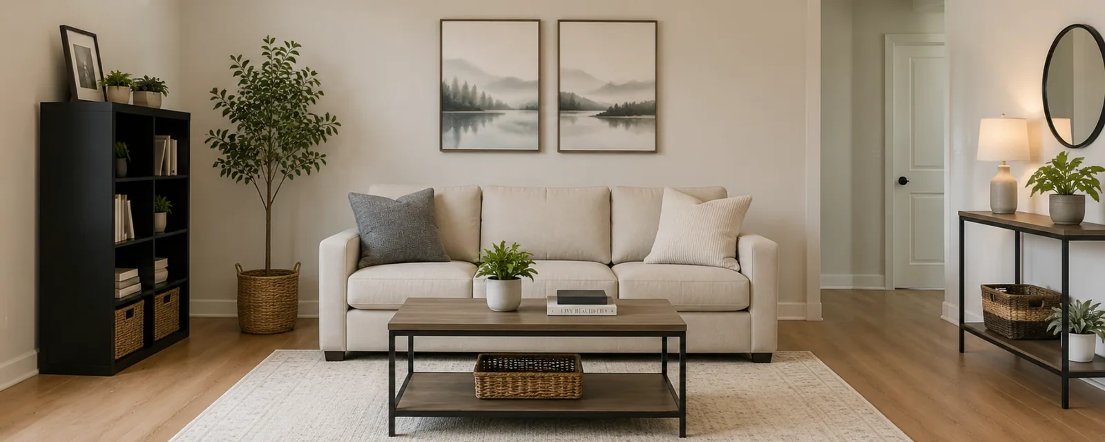 Assembled coffee table, console table and shelving in a living room