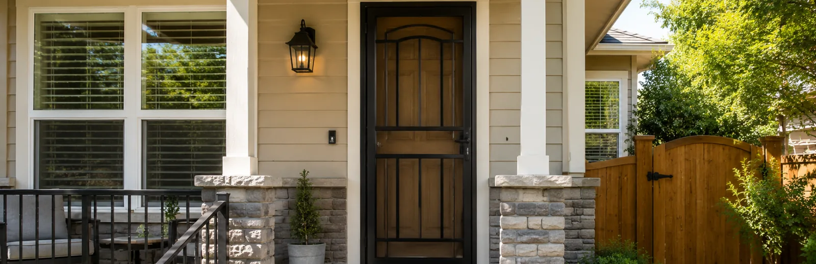 Black security door fitted to a covered front porch