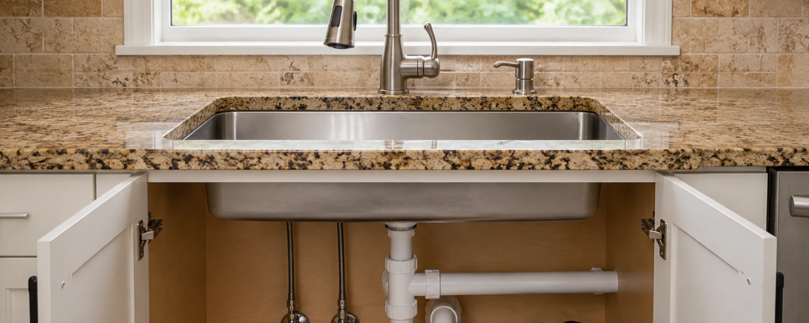 Kitchen sink and faucet with lower cabinet open