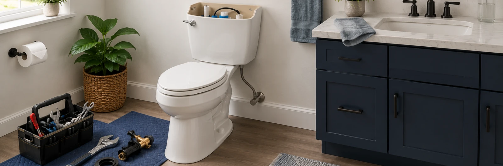 Toilet with an open tank and repair tools